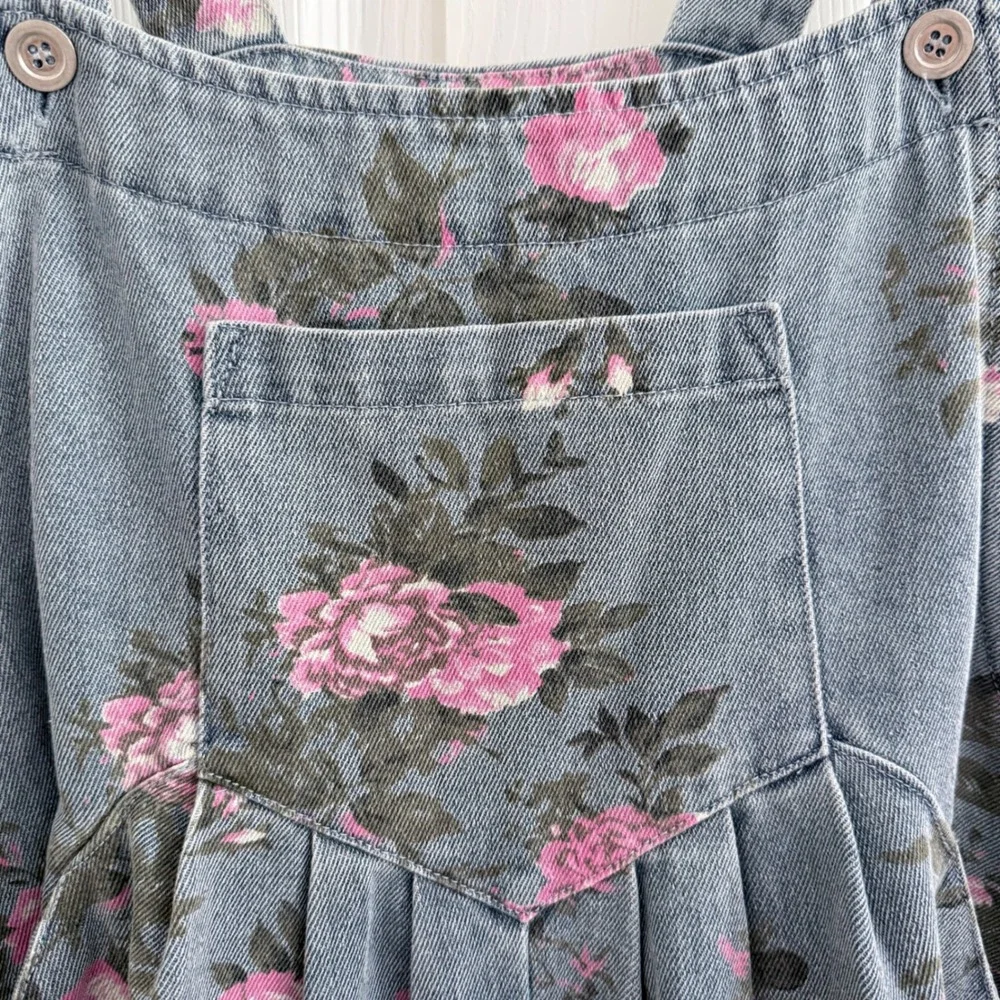 BIB! Floral Denim Shortalls Women XL Blue Pink Rose Print 100% Cotton NWT